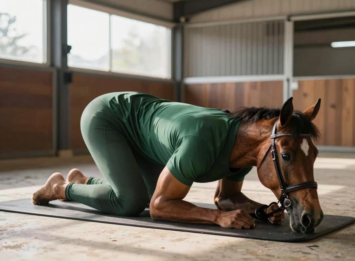 Close-up of equestrian core work on a mat inside a modern stable, natural morning light, focusing on form and alignment, 35mm lens