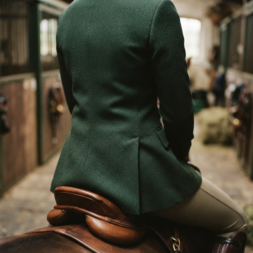 Tight macro shot of a rider's aligned spine and engaged core in natural morning stable light, deep forest green and warm leather tones, sharp focus, 35mm lens