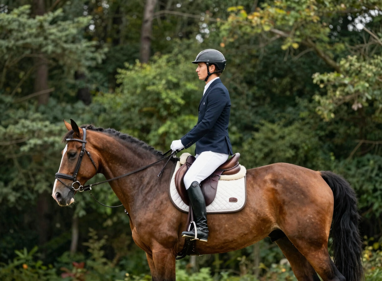 Rider in perfect balance in the saddle, showing clean alignment of the spine and heel, natural morning daylight, 35mm lens